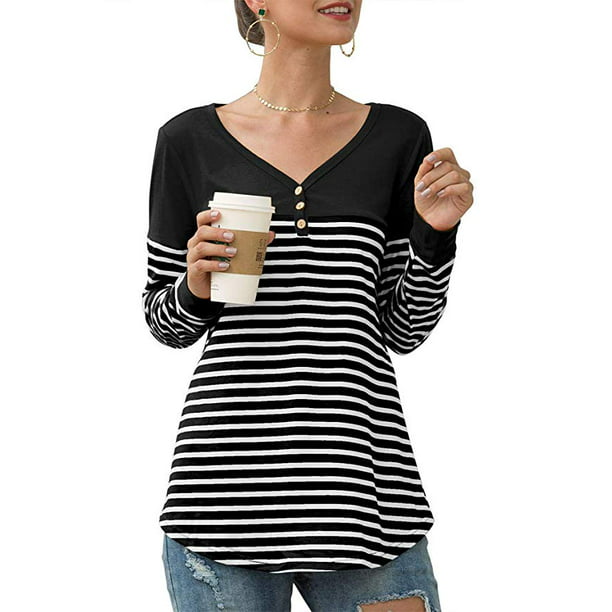 Women Long Sleeve Henley Shirts Crew Neck Button Shirt Color Block Blouse Side Shirring Tops Loose Fit Casual Tunic 